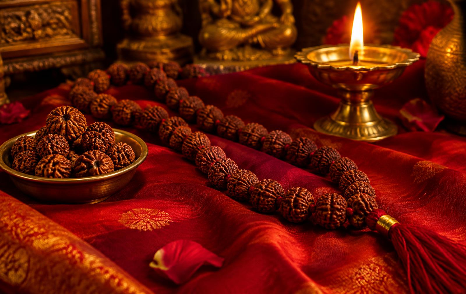 Rudraksha beads and mala on red silk beside a brass diya (sample photograph)